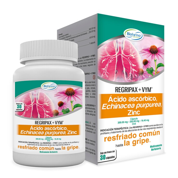 Regripax + VYM Ácido Ascórbico 300mg, Echinacea Purpurea 250mg , Zinc 16.40mg 2 de 30 cápsulas