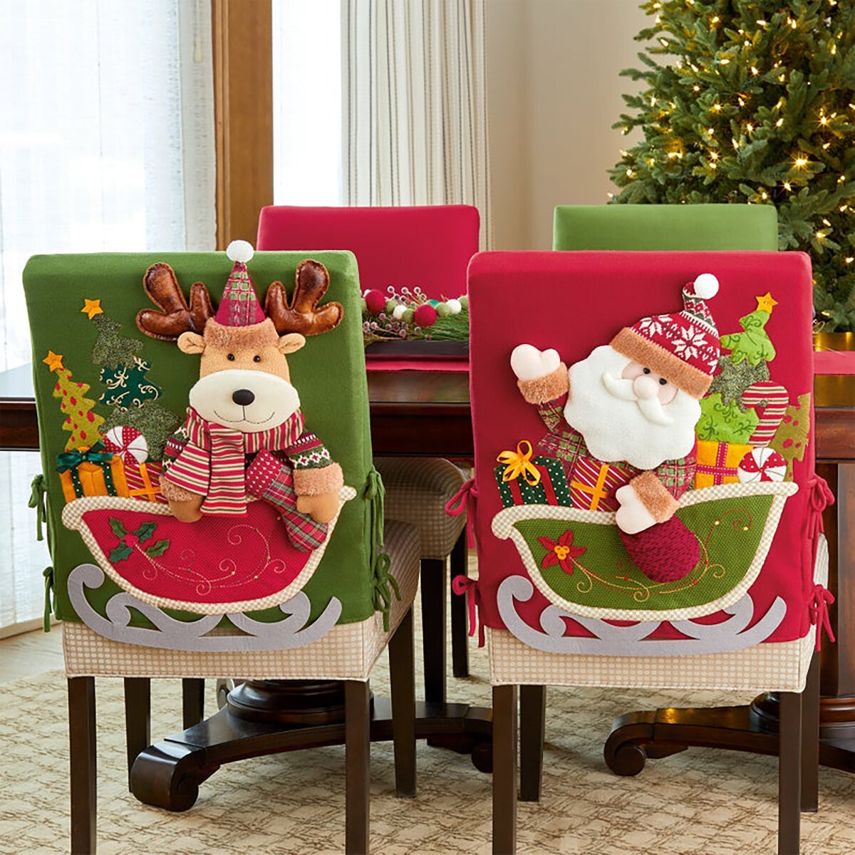 Set de 2 Fundas Navideñas para Silla Santa Claus y Reno