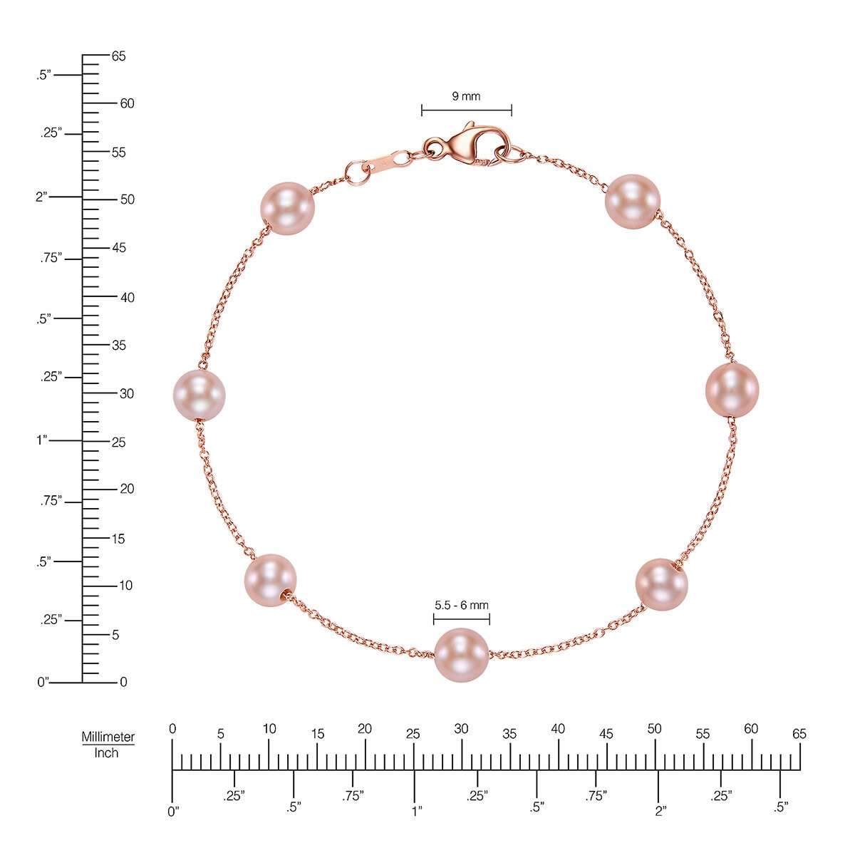 Pulsera de Perlas Cultivadas Agua Dulce, Rosas, 5.5-6.0mm, Oro Rosa de 14K