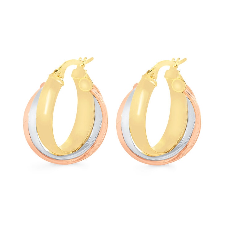Aretes, Arracadas de Triple Fila, Oro Tres Tonos 14K Aretes, Arracadas de Triple Fila, Oro Tres Tonos 14K
