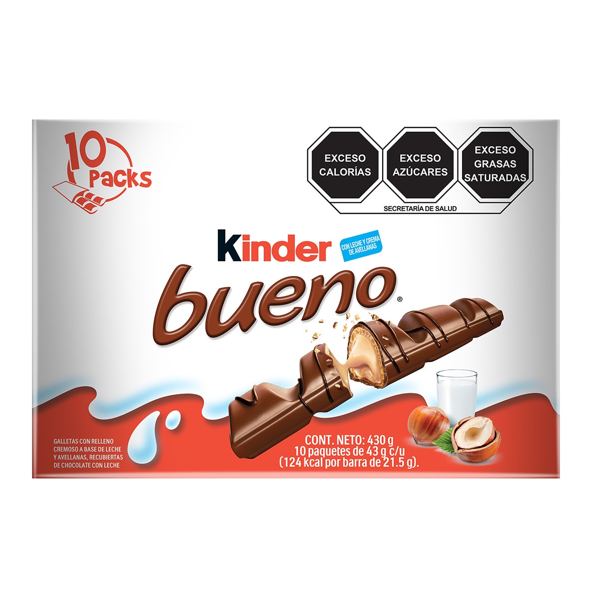 Kinder Bueno Barras Rellenas de Crema de Avellanas 10 pzas de 43 g