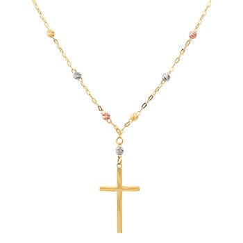 Collar, Cruz y Cadena de Tres Oros de 14K Collar, Cruz y Cadena de Tres Oros de 14K