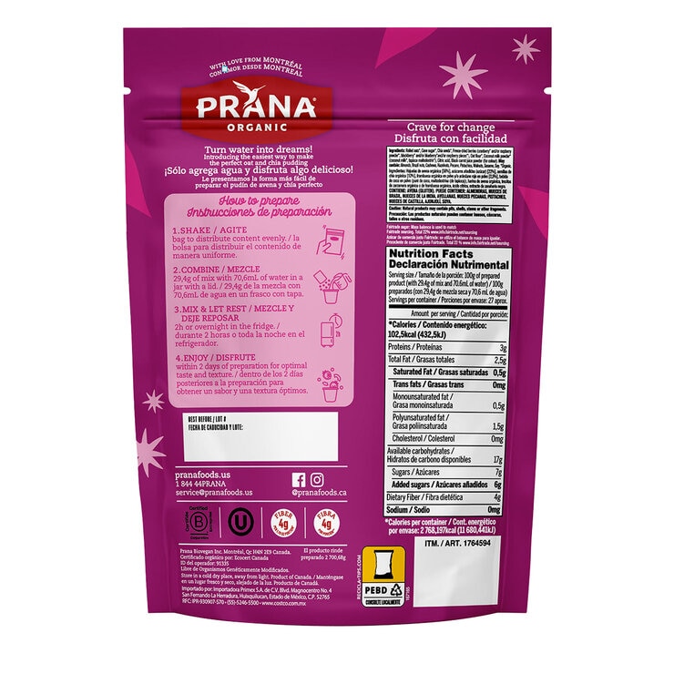 Praná Overnight Chía y Avena Sabor Moras 794 g