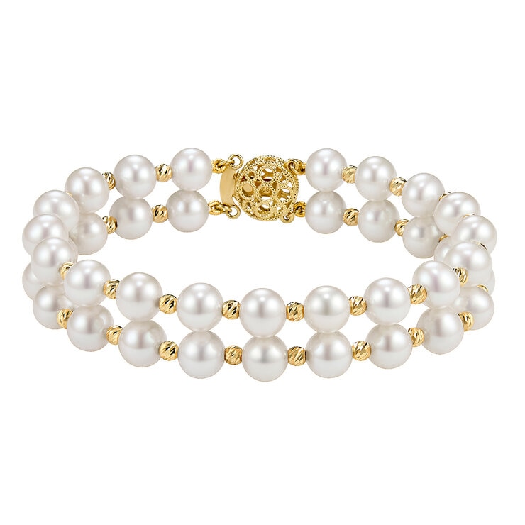 Pulsera de Perlas Cultivadas 7-8mm con Dos Filas, Oro Amarillo de 14K Pulsera de Perlas Cultivadas 7-8mm con Dos Filas, Oro Amarillo de 14K