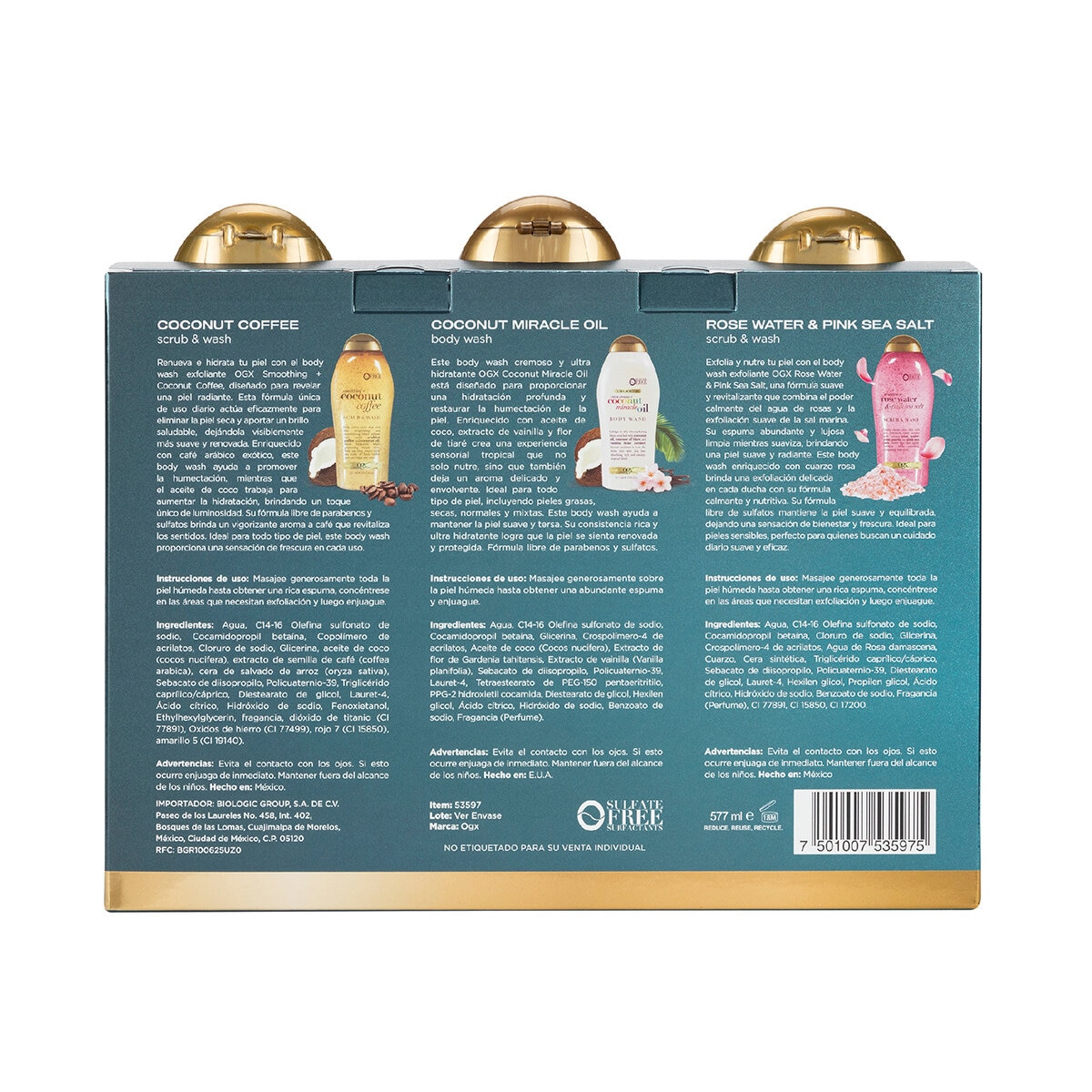 Ogx Body Wash y Exfoliante, 3 pzas