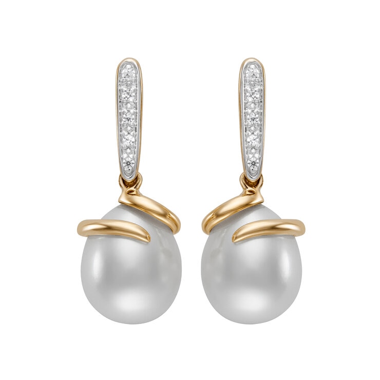 Aretes de Perlas Cultivadas, 9-10mm, con Diamantes .08ctw, Oro Dos Tonos de 14K