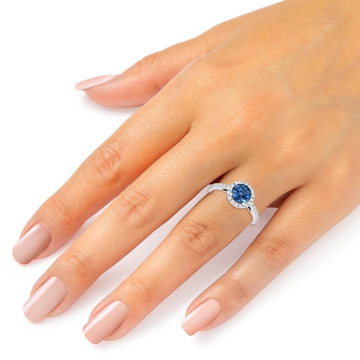 Anillo, Topacio Azul y Diamantes 0.35ctw, Oro Blanco de 14K