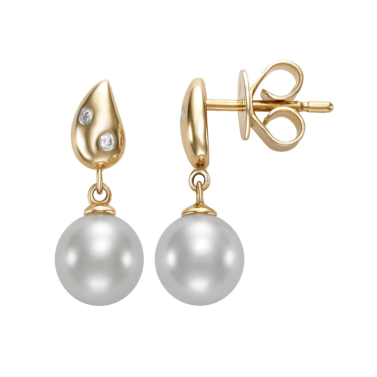 Aretes de Perlas Cultivadas, 7-7.5mm, con Diamantes .04ctw, Oro Amarillo de 14K