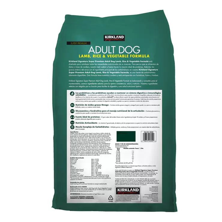 Kirkland Signature Alimento Premium para Perro Adulto con Cordero, Arroz y Vegetales 18.1 kg