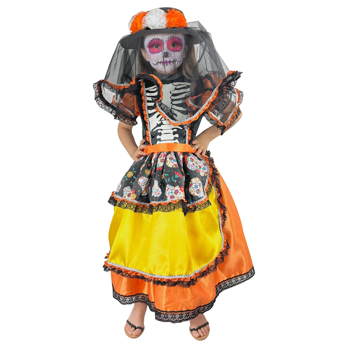 Disfraz de Catrina para Niñas, Amarillo 8 años 