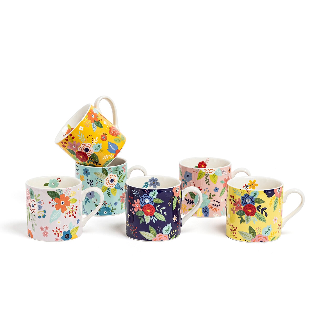 Over&Back Juego de 6 Tazas de Cerámica Florales de 414 mL