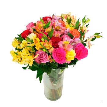 Chiltepec, Bouquet de Rosas y Astromelias Multicolor en Florero de Vidrio