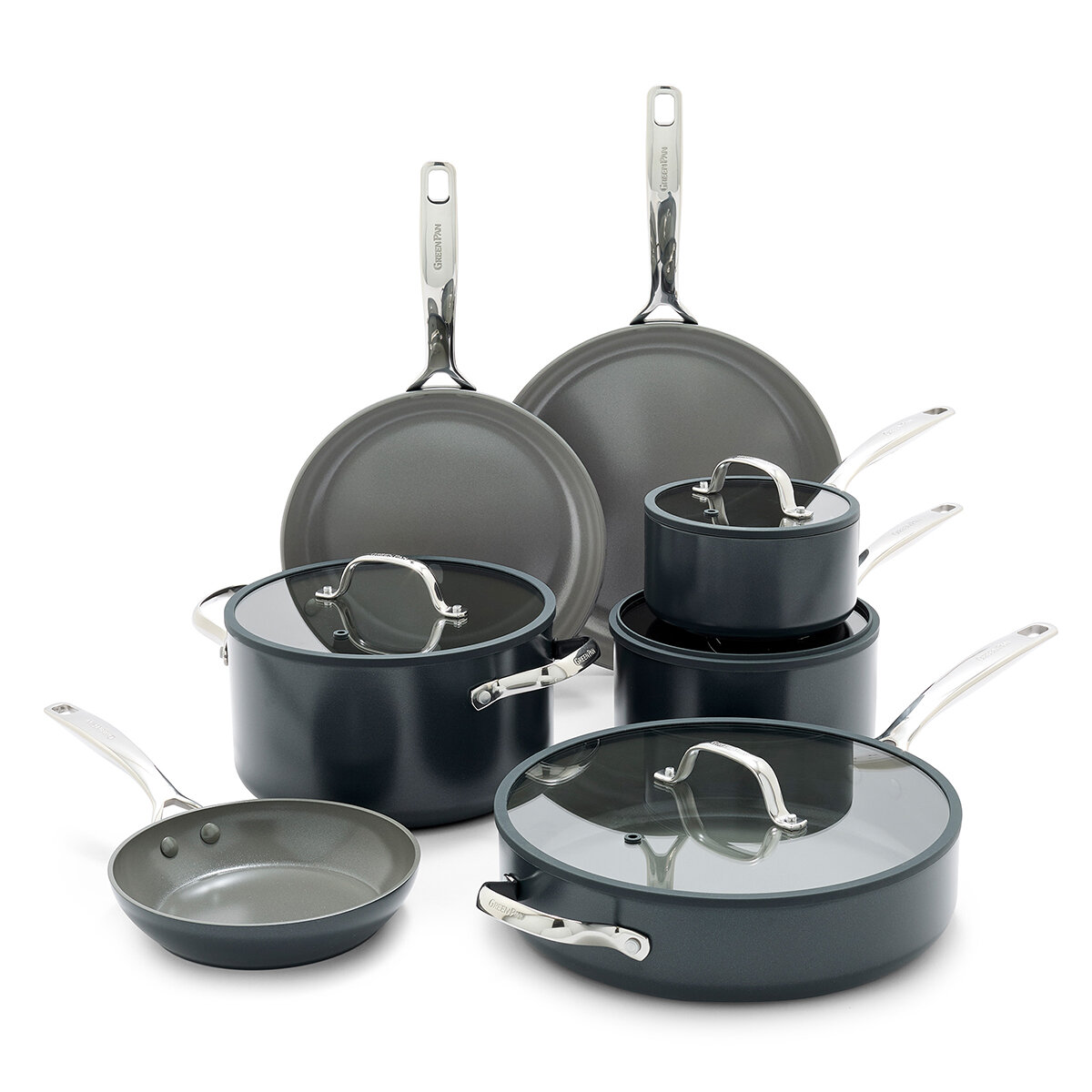 Greenpan Bateria de Cocina de Aluminio Anodizado Resistente y Antiadherente de Ceramica 11 piezas Gris