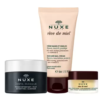 Nuxe Moisturizing kit ,15gr Honey lip balm + 50ml Detox mask +50 ml hand cream