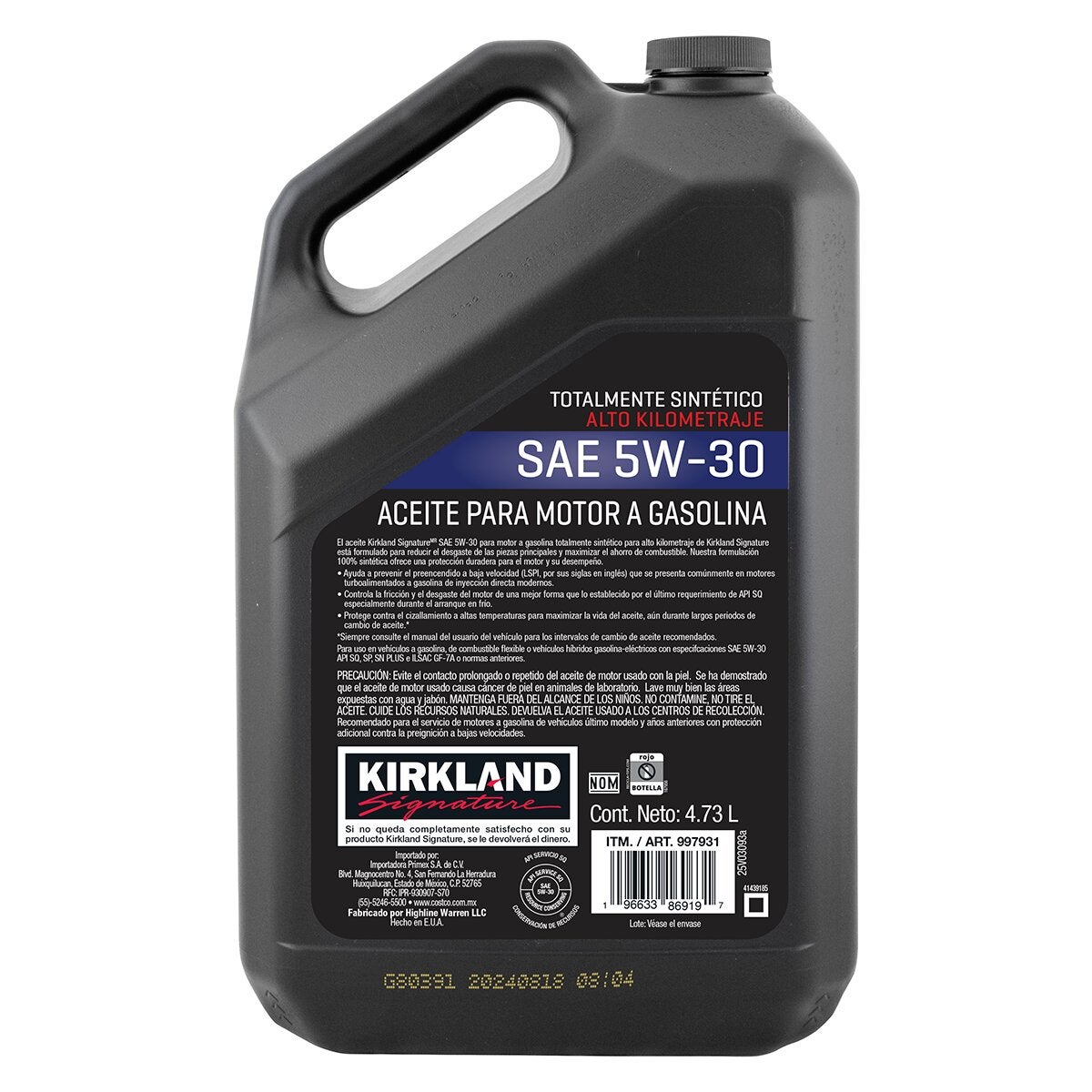 Kirkland Signature Aceite Sintético para Motor 5W-30 Alto Kilometraje 2 Botellas de 4.73 Litros