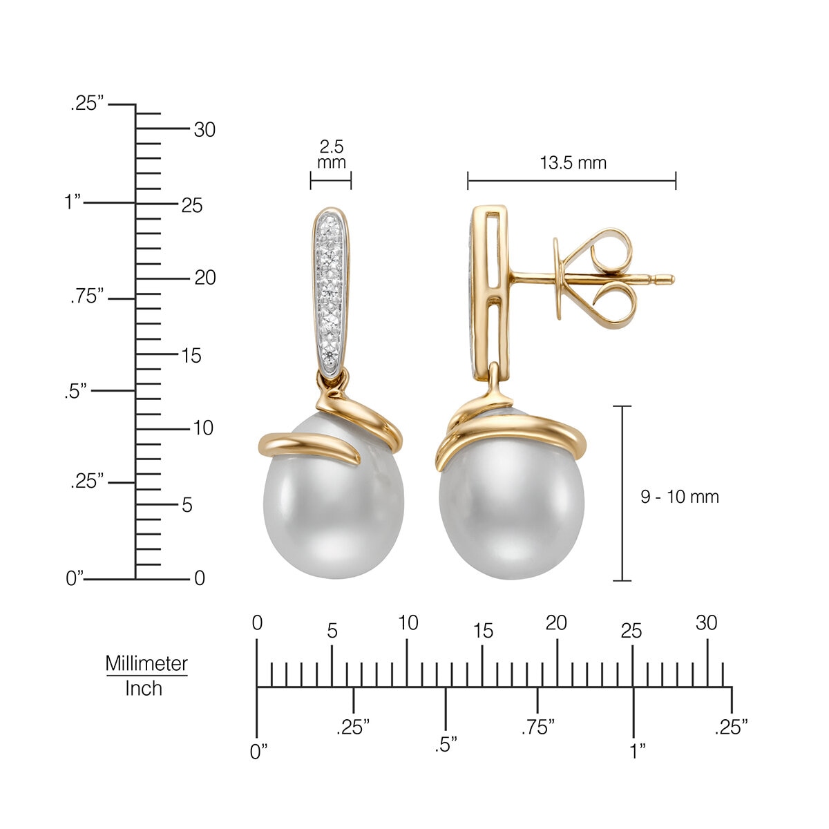 Aretes de Perlas Cultivadas, 9-10mm, con Diamantes .08ctw, Oro Dos Tonos de 14K