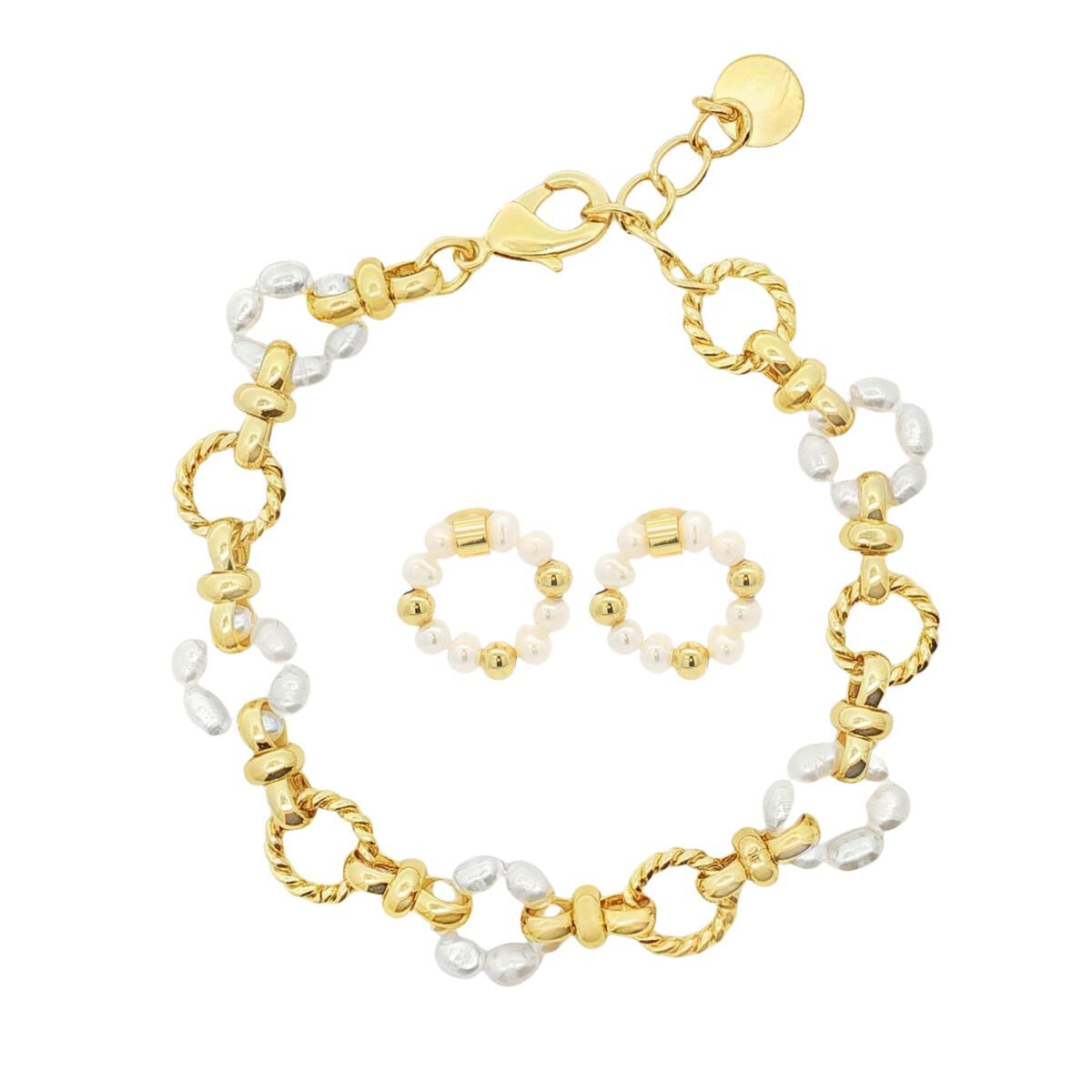 Mayfer, Juego de Pulsera y Aretes con Baño de Oro y Perlas de Río