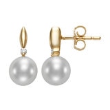 Aretes de Perlas Cultivadas, 7-7.5mm, con Diamantes .034ctw, Oro Amarillo de 14K