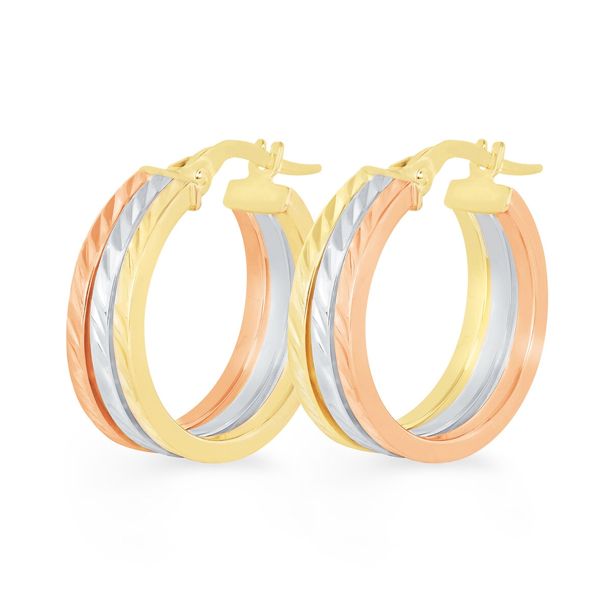 Aretes de Triple Fila, Oro Tricolor de 14K