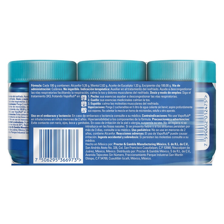Vick VapoRub Alcanfor, Mentol, Aceite de Eucalipto 3 pzas de 100 g
