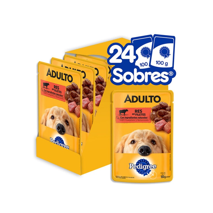 Pedigree Alimento Para Perros Adultos Razas Grande, Sabor Res 100 gr, Paquete De 24 Sobres