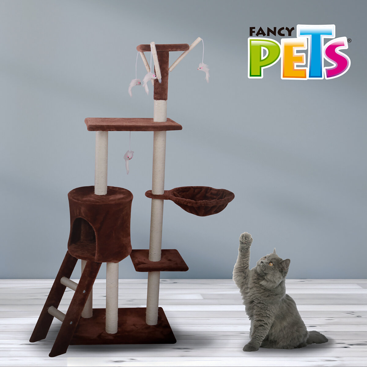 Fancy Pets Mueble para Gato con Escalera, Casa, Hamaca, Juguete y Postes Rascador 140 cm 