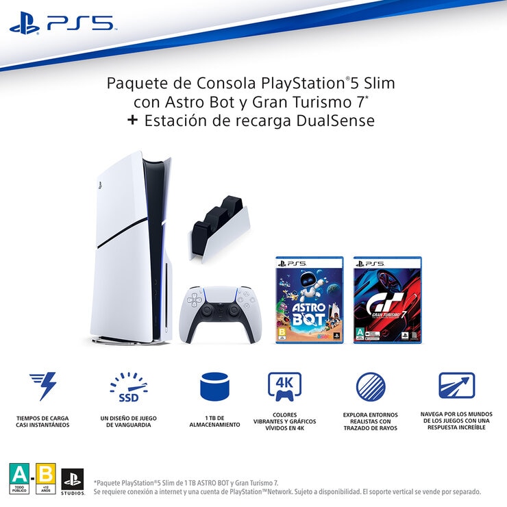 PlayStation 5: Consola Slim Estándar de 1TB + 2 Videojuegos + Estación de Carga