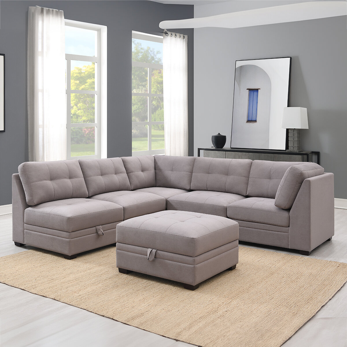 Ontai, Sofá Modular de Tela de 6 pzas con Almacenamiento