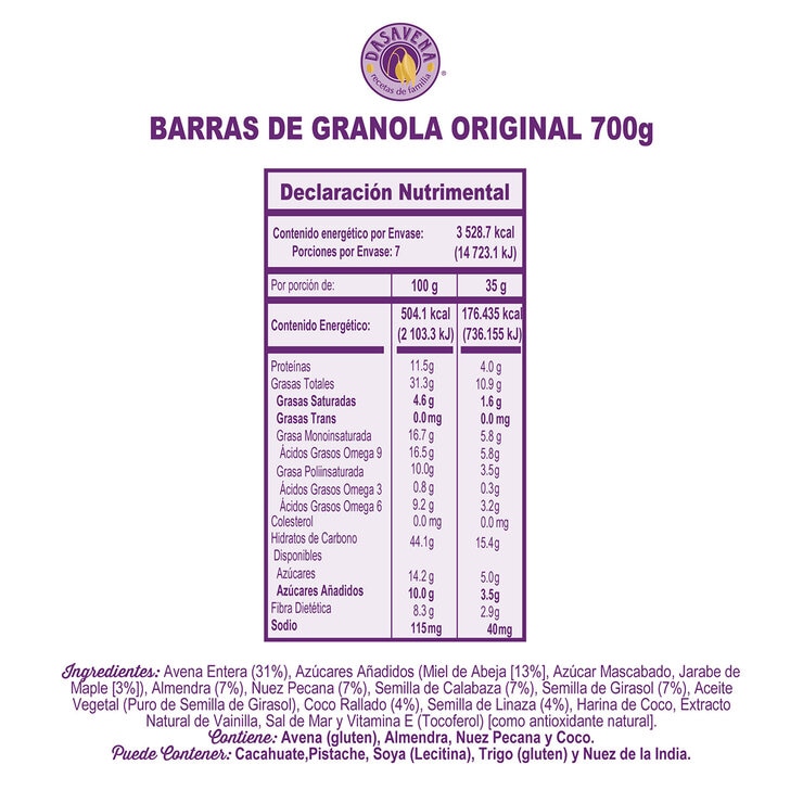 Dasavena Barras de Granola Crujientes 20 pzas de 35 g