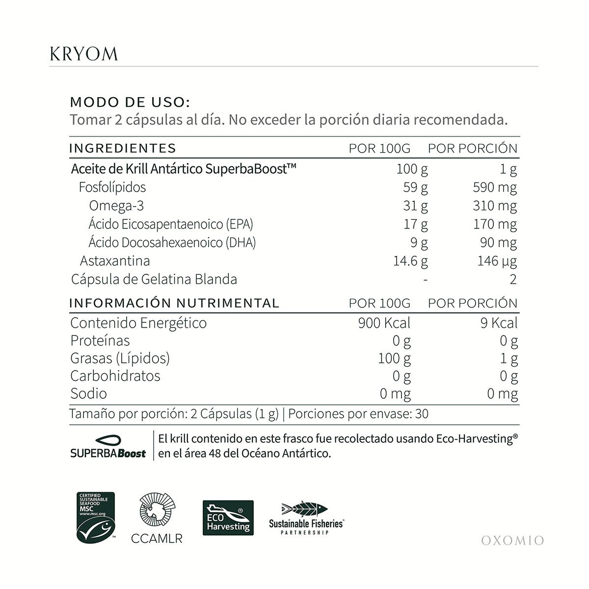 Oxomio Kryom Aceite de Krill Antártico Concentrado 60 cápsulas + Eco Refill de 60 Cápsulas