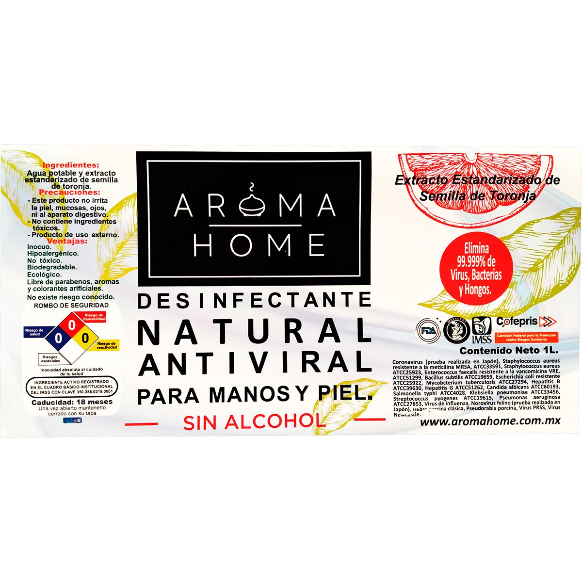 Desinfectante Antiviral para Manos y Superficies, 1 de 1 lt + 2 de 125 ml, Aroma Home