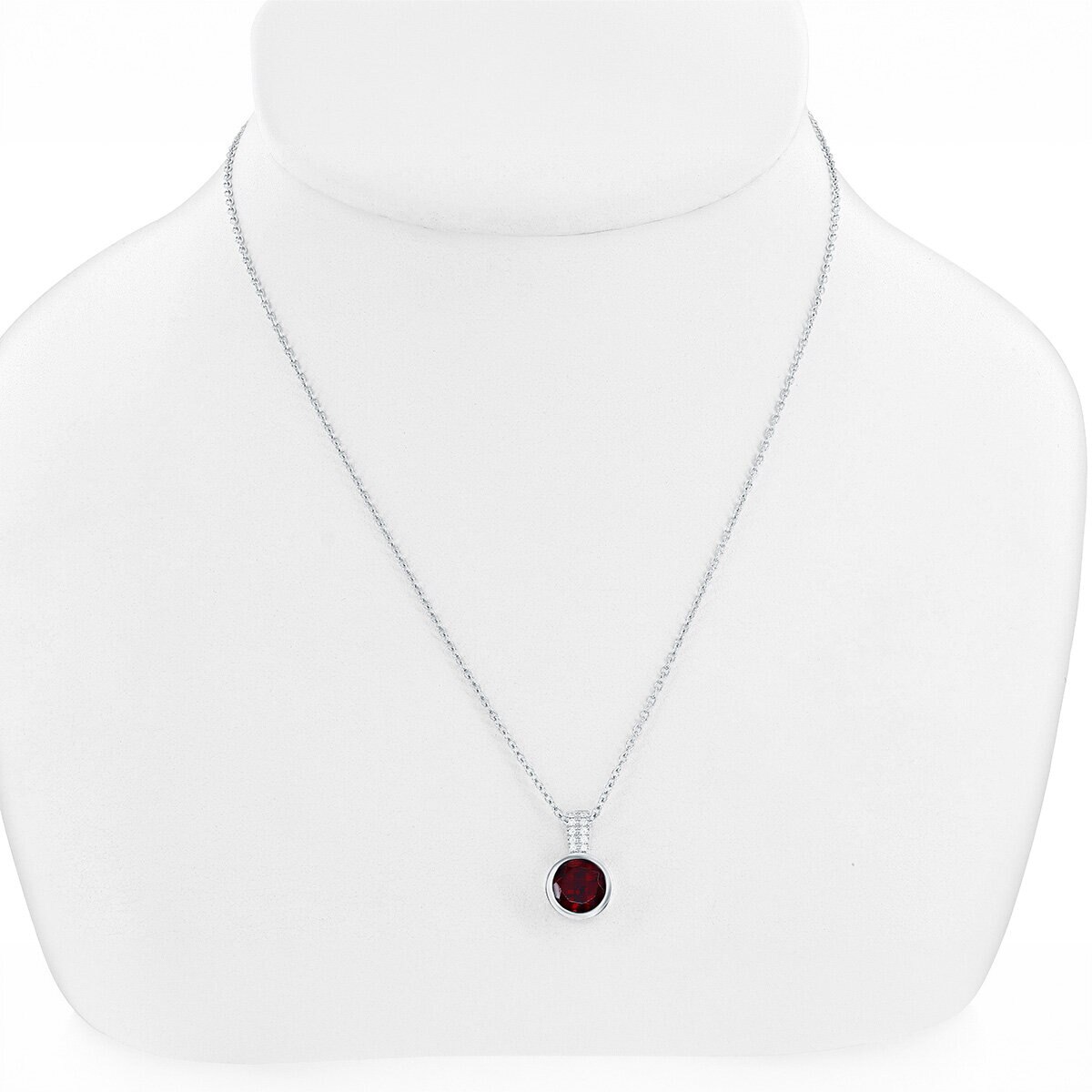 Collar de Granate Rojo Redondo, Oro Blanco 14k