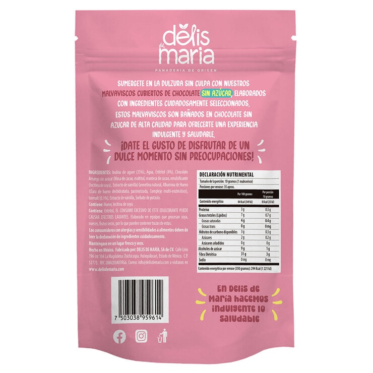 Delis de Maria Malvaviscos Cubiertos de Chocolate Sin Azúcar Añadida 350 g
