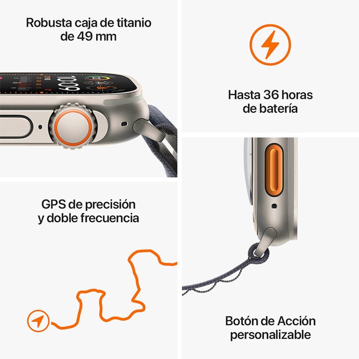 Apple Watch Ultra 2 (GPS + Cellular) Caja de Titanio 49mm con Correa Trail Negro/Azul Apple Watch Ultra 2 (GPS + Cellular) Caja de Titanio 49mm con Correa Trail Negro/Azul