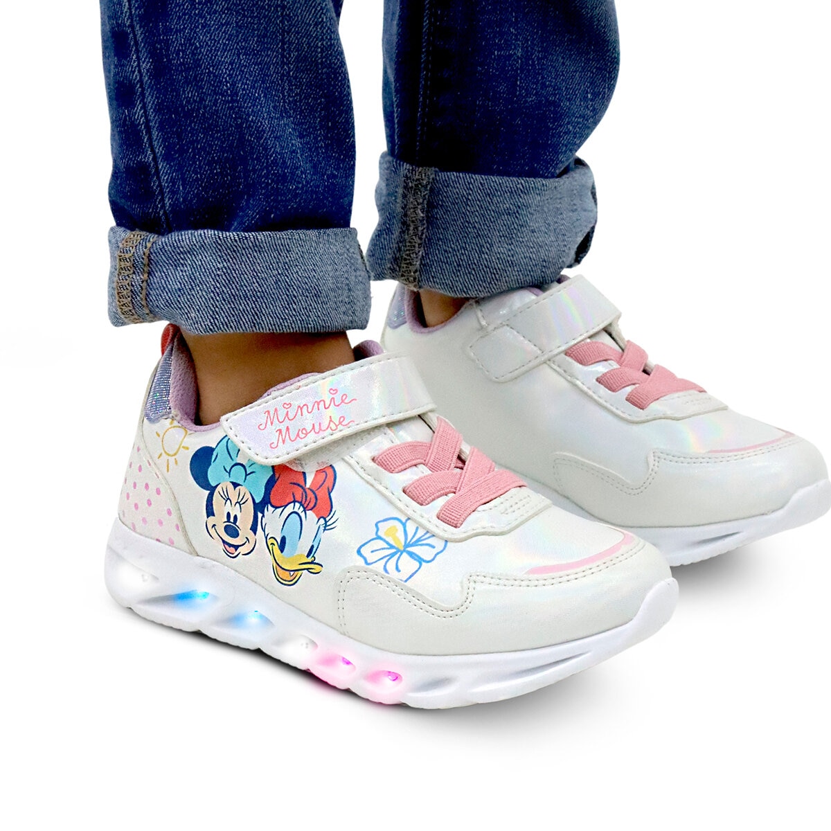 Disney Minnie & Daisy, Tenis Color Blanco con Luces, para Niña Varias Tallas