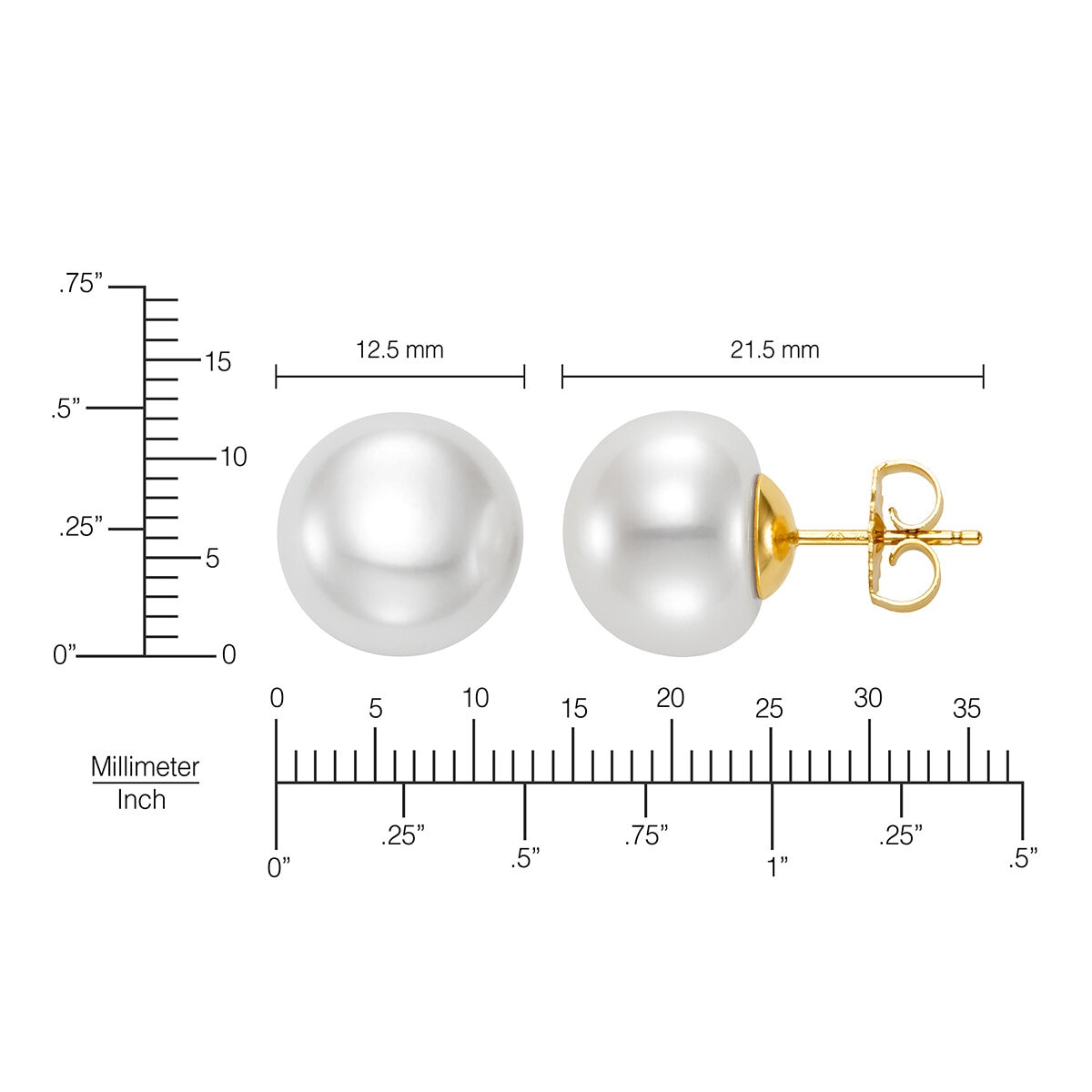 Aretes de Perlas Cultivadas, 12-13mm, Oro Amarillo de 14K