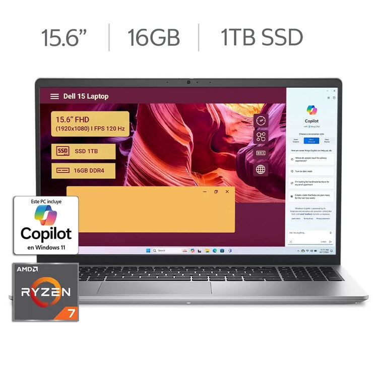 DELL 15 Laptop 15.6" Full HD AMD Ryzen 7 16GB 1TB SSD