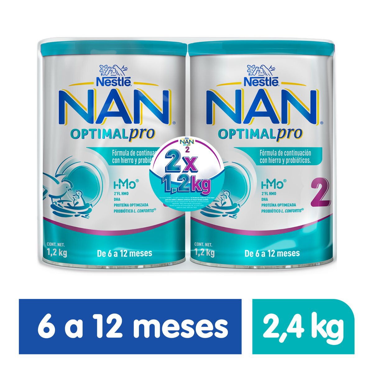 Nestle NAN Optipro 2 fórmula para bebé 2 pzas de 1.2 kg