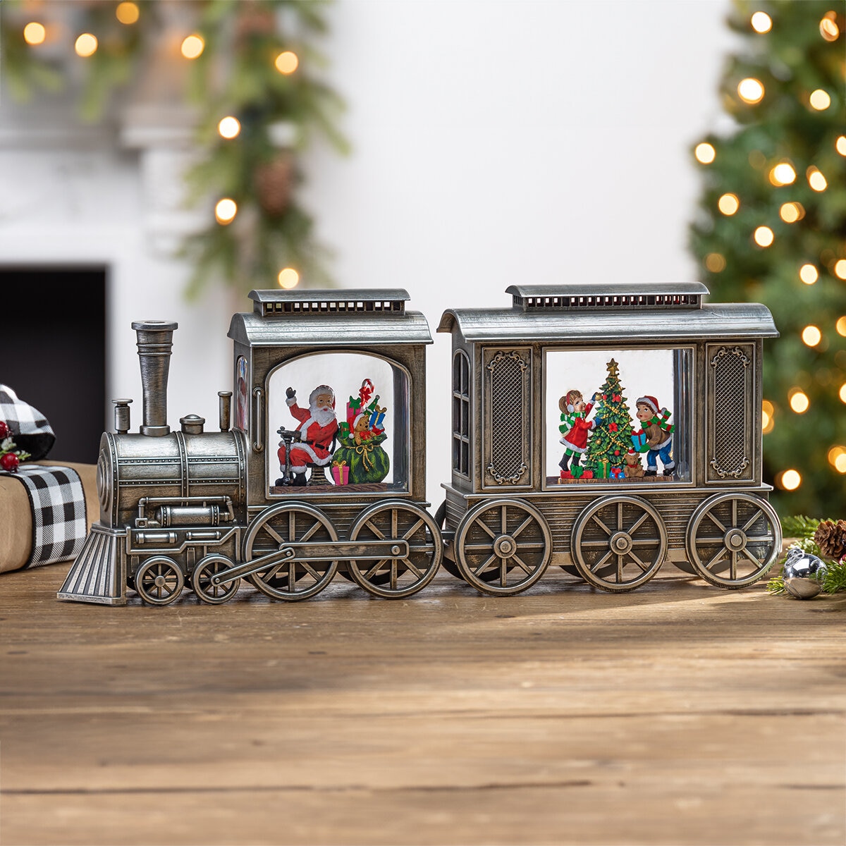 Tren Navideño con Nieve y Luces LED, Plata