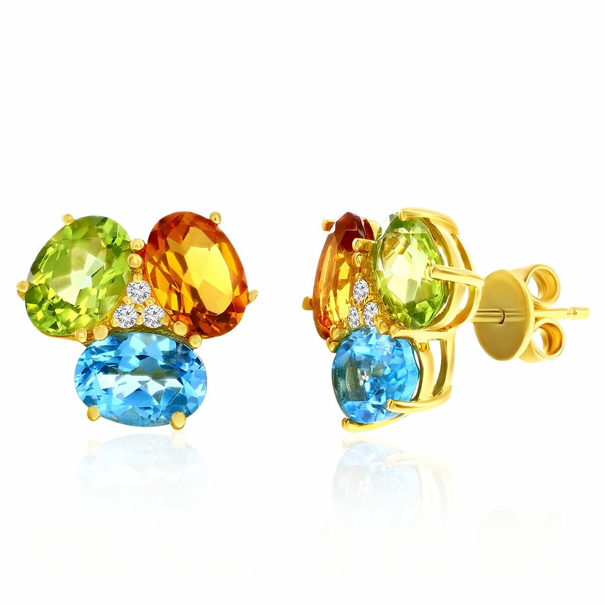 Aretes, Broquel de Piedras Preciosas, Oro Amarillo 14 K