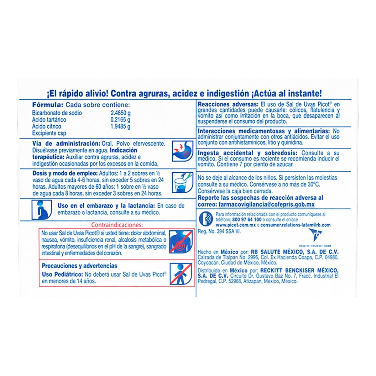 Picot Sal de Uvas Bicarbonato de sodio, Ácido tarárico, Ácido cítrico 6 pzas de 10 Sobres 