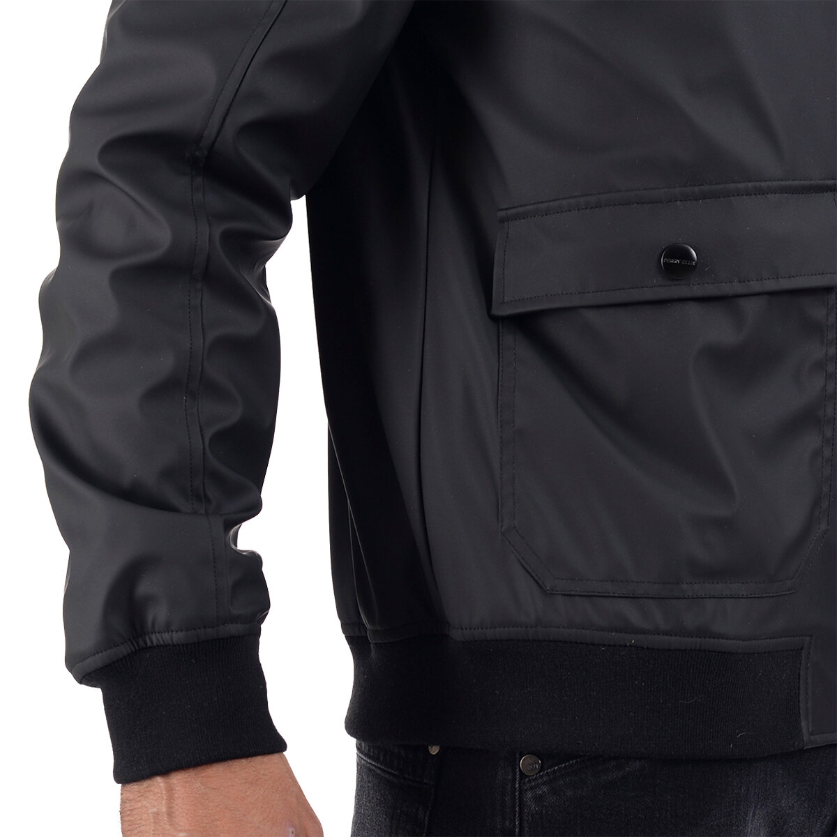 Perry Ellis, Chamarra Tipo Bomber de Piel Sintética para Caballero Color Negro