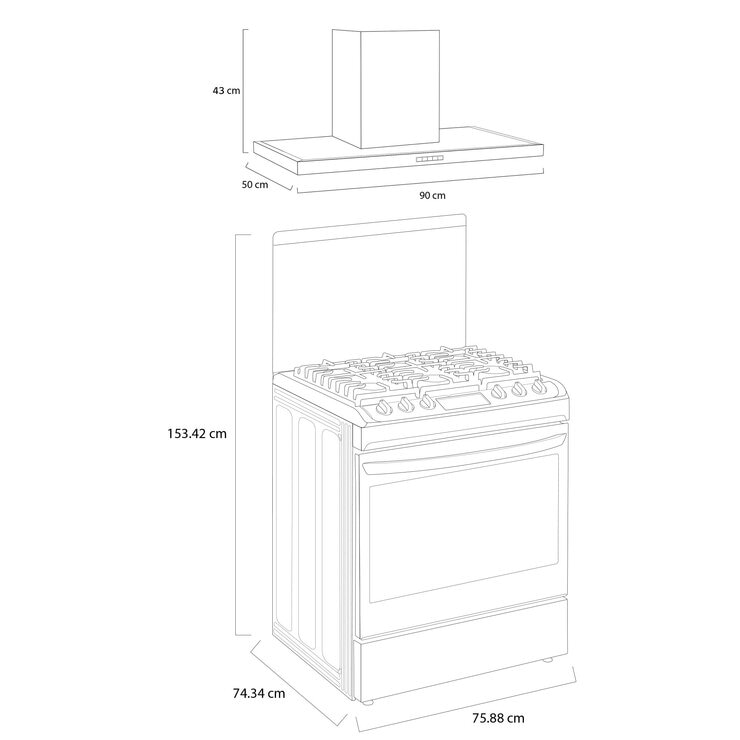LG Combo Estufa de Gas 5 quemadores 76 cm y Campana de Pared 90 cm