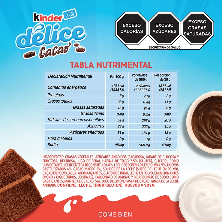 Kinder Délice Pastelito con Cobertura a Base de Cacao 15 pzas de 39g
