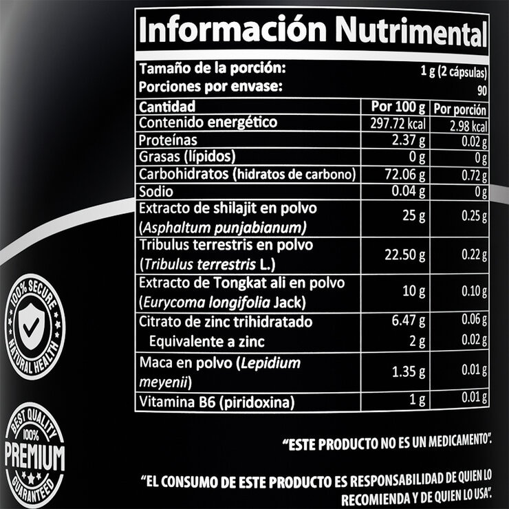 Proyectile Maca, Tongkat Ali, Shilajil y Tribulus Terrestris 180 Cápsulas