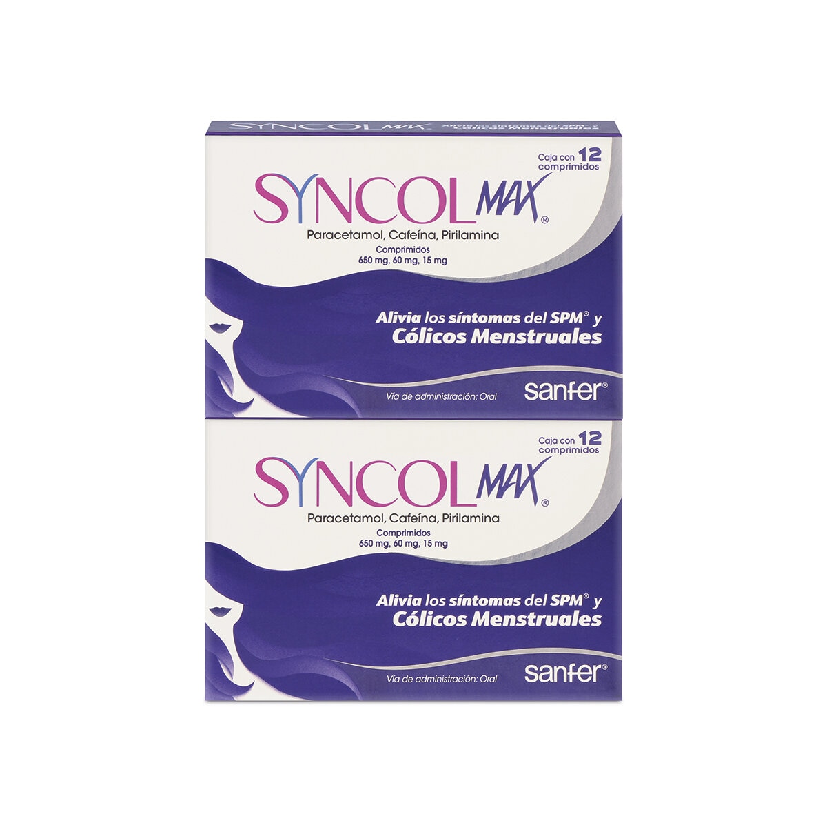 Syncol Max 2 Cajas con 12 Comprimidos c/u Paracetamol 650mg, Cafeína 60mg y Pirilamina 15mg