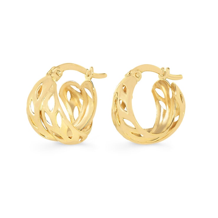 Aretes, Doble Fila con Diseno Calado, Oro Amarllo 14K Aretes, Doble Fila con Diseno Calado, Oro Amarllo 14K
