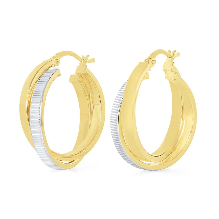 Aretes, Arracadas Doble Fila, Oro Dos Tonos 14K Aretes, Arracadas Doble Fila, Oro Dos Tonos 14K
