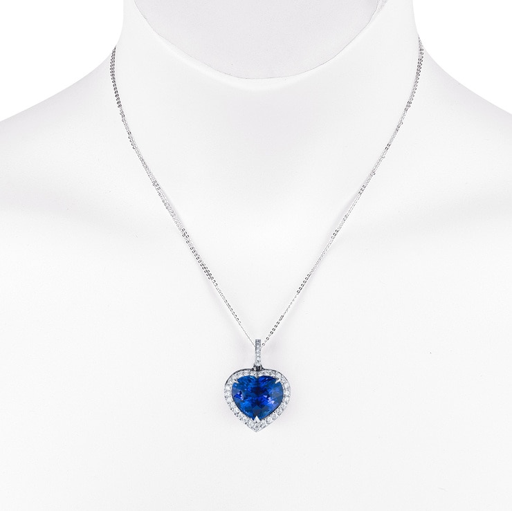 Collar de Zafiro Azul y Diamantes, Forma de Corazón, Oro Blanco de 18kt