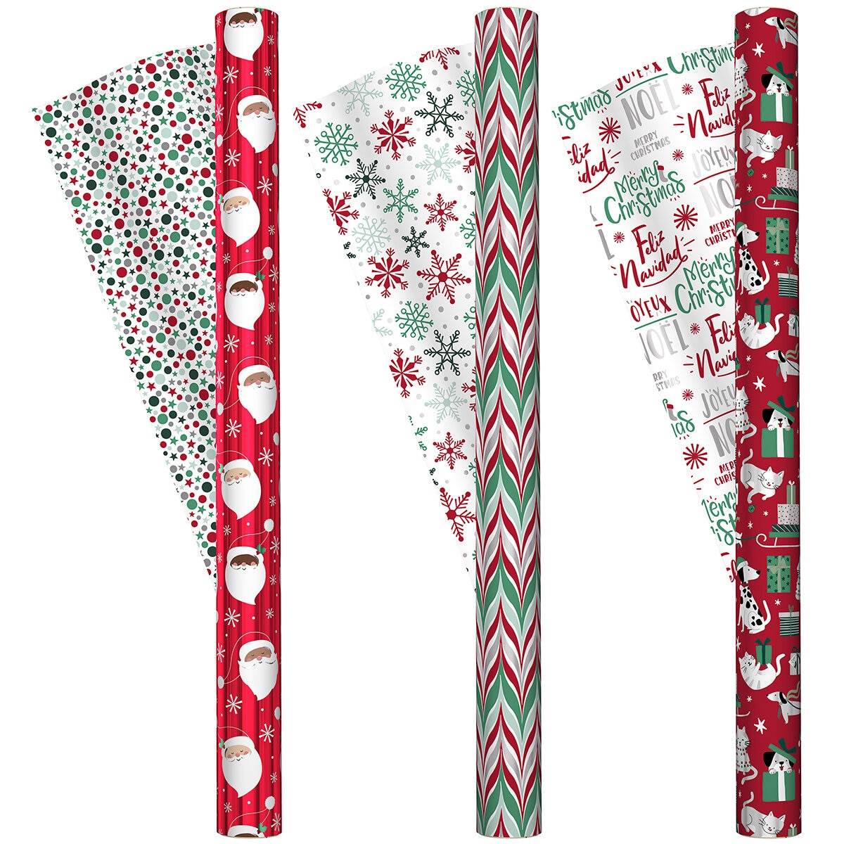 Kirkland Signature Paquete de 3 Rollos de Papel para Envolver con Diseños Navideños, Rojo con Blanco